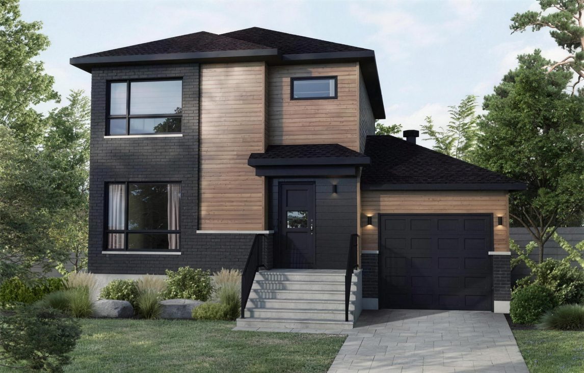 Rendu du modèle Andromède avec garage : maison à étages en brique noire et bois, garage attenant
